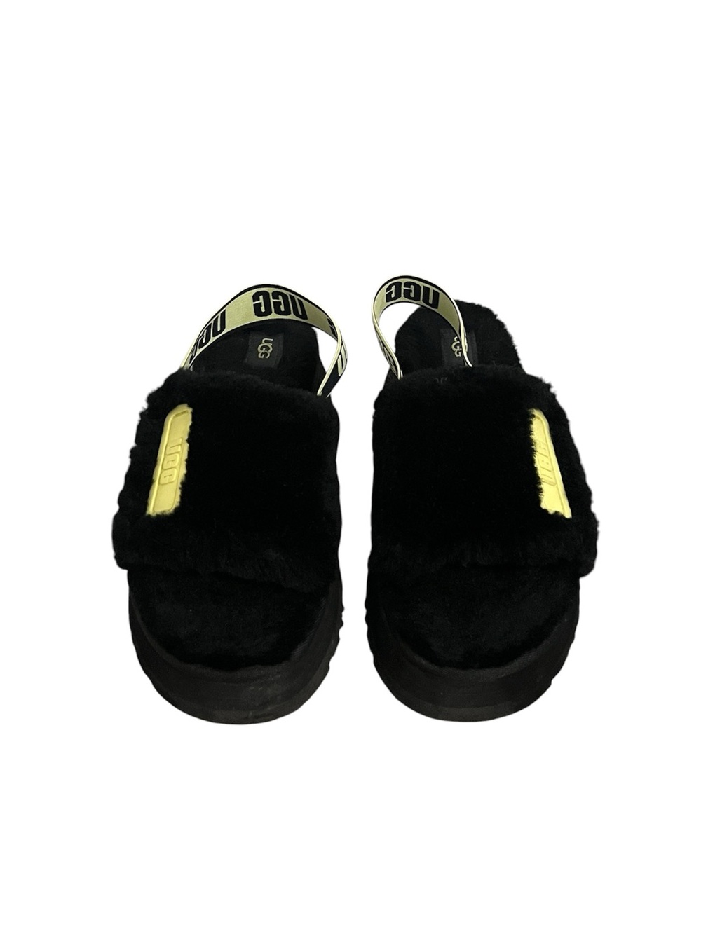 Ugg Disco Slides Black & Pollen Women’s Size US 8 Platform Sandals Faux Fur Cute
